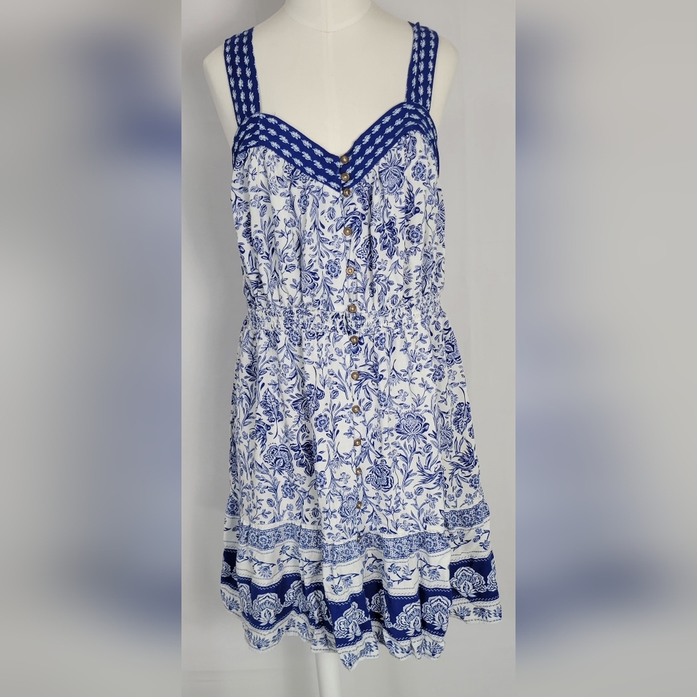 KNOX ROSE Floral Blue and White Button-Down Dress